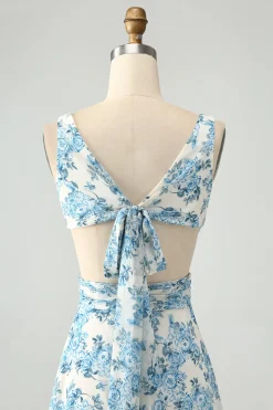 Flor azul branca Uma linha babado alto-baixo vestido de noiva convidado