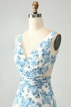 Flor azul branca Uma linha babado alto-baixo vestido de noiva convidado
