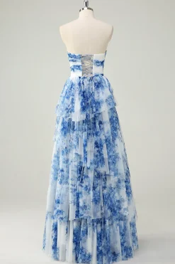 Flor Azul Branca Uma Linha Strapless Tiered Prom Dress