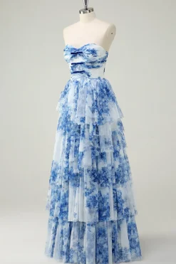 Flor Azul Branca Uma Linha Strapless Tiered Prom Dress