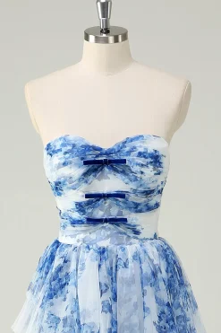 Flor Azul Branca Uma Linha Strapless Tiered Prom Dress