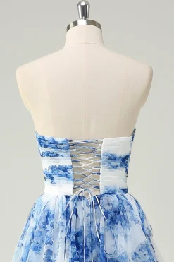 Flor Azul Branca Uma Linha Strapless Tiered Prom Dress