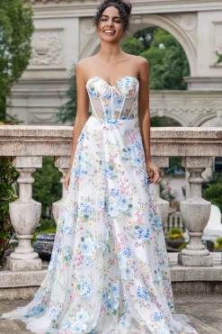 Flor Azul Branca Uma Linha Querida Corset Long Prom Dress com Fenda