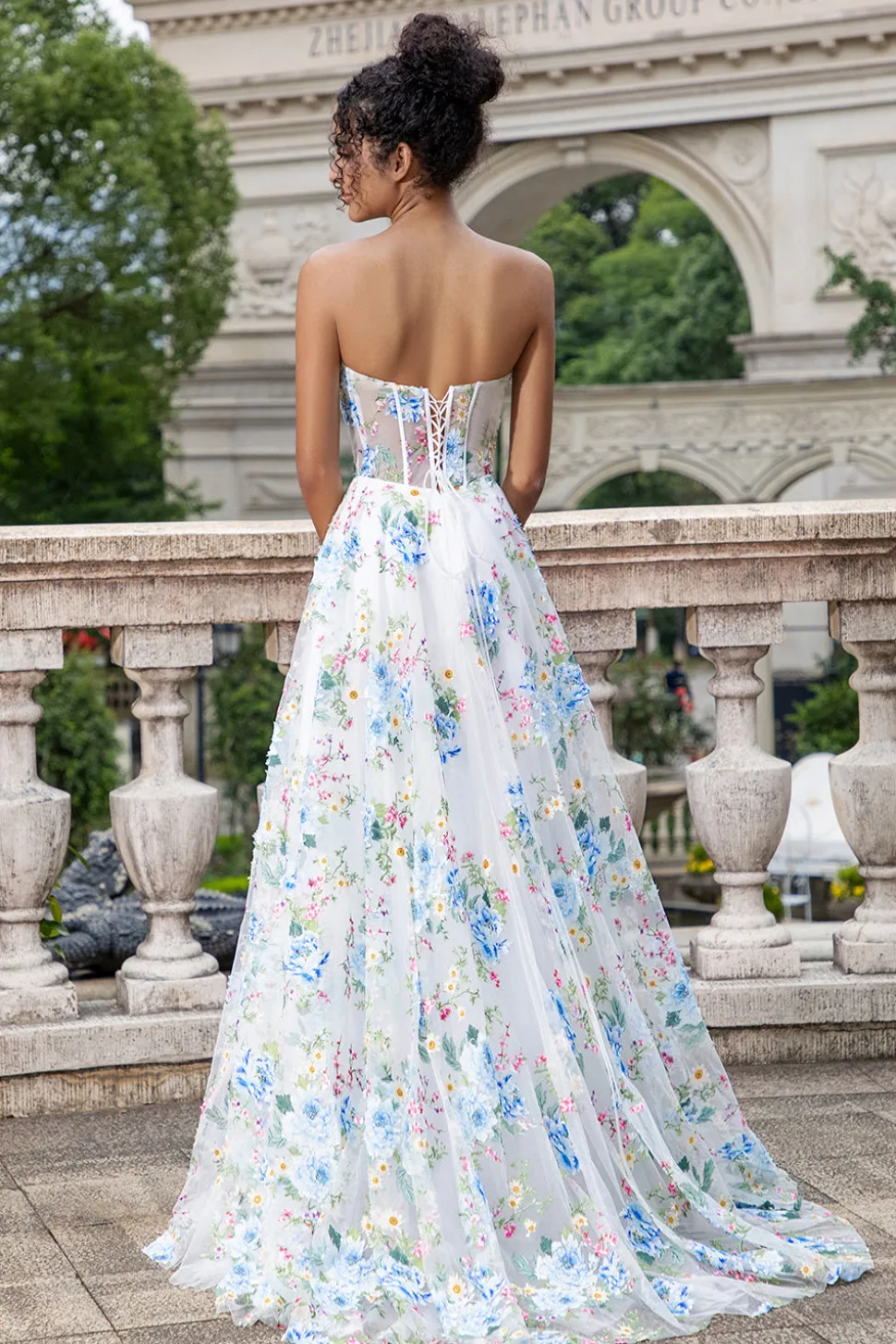 Flor Azul Branca Uma Linha Querida Corset Long Prom Dress com Fenda