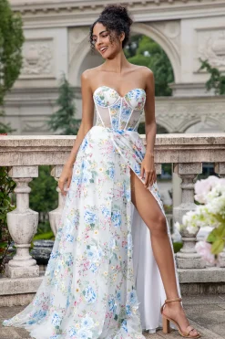 Flor Azul Branca Uma Linha Querida Corset Long Prom Dress com Fenda