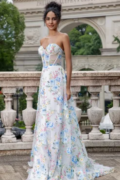 Flor Azul Branca Uma Linha Querida Corset Long Prom Dress com Fenda