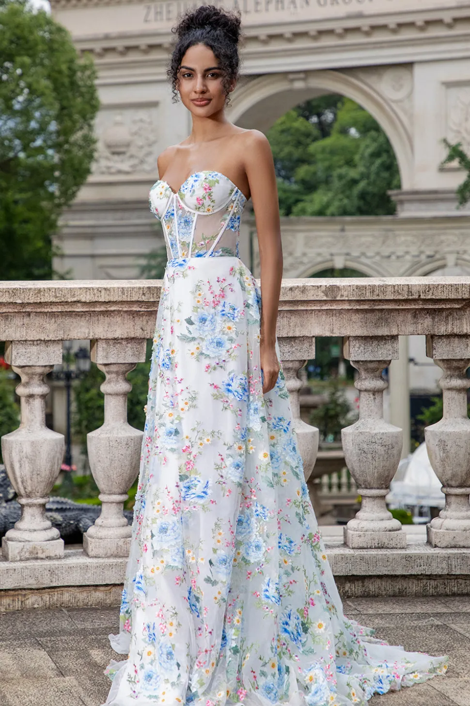 Flor Azul Branca Uma Linha Querida Corset Long Prom Dress com Fenda