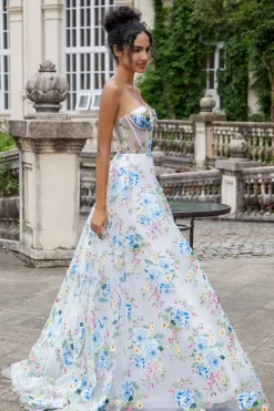 Flor Azul Branca Uma Linha Querida Corset Long Prom Dress com Fenda