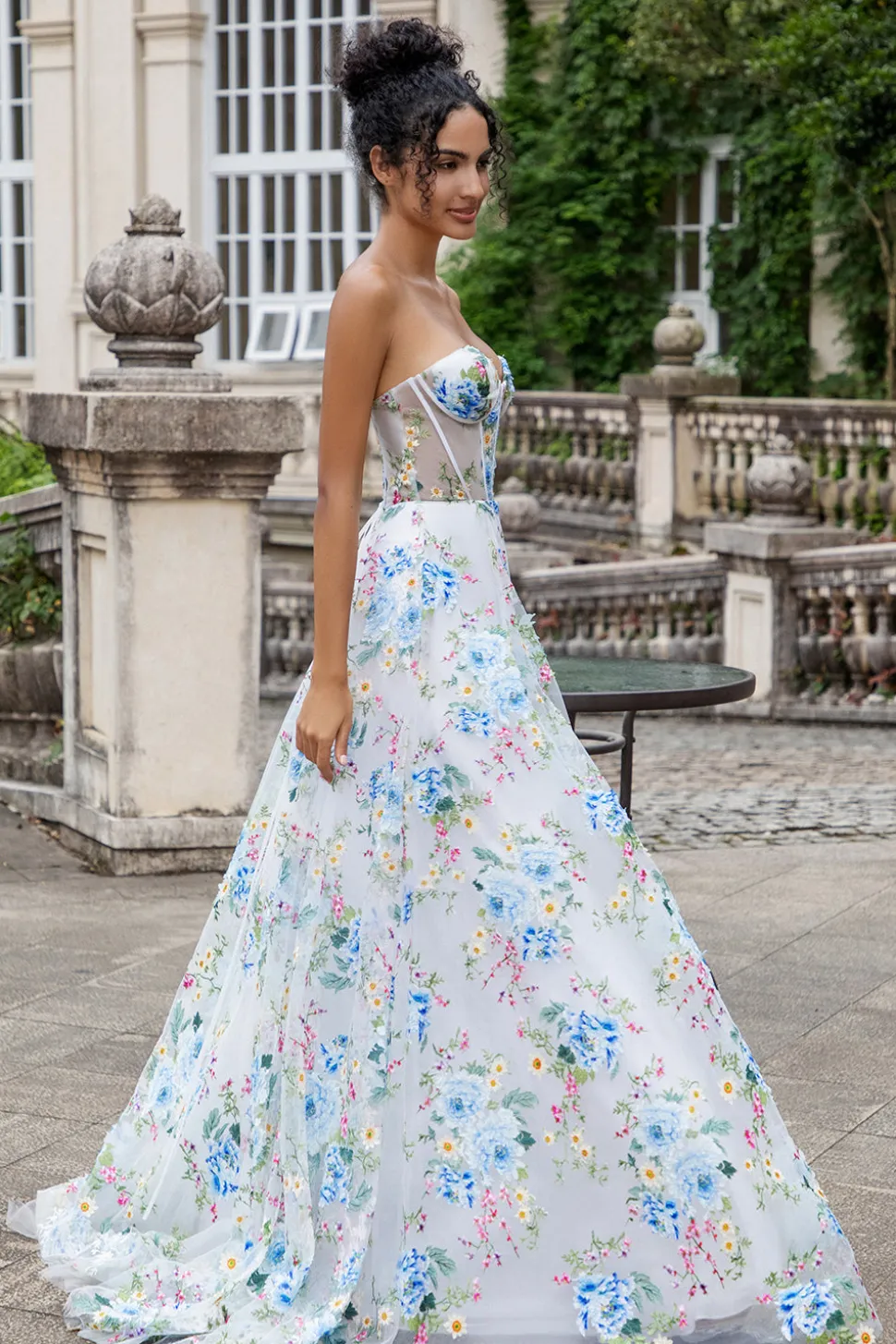 Flor Azul Branca Uma Linha Querida Corset Long Prom Dress com Fenda