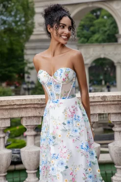 Flor Azul Branca Uma Linha Querida Corset Long Prom Dress com Fenda
