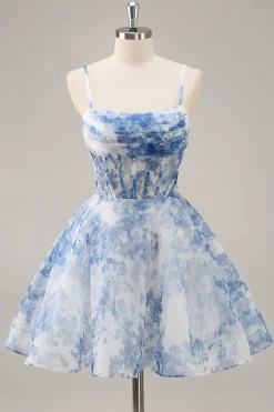 Flor Azul Branca Uma Linha Corset Ruched Homecoming Dress
