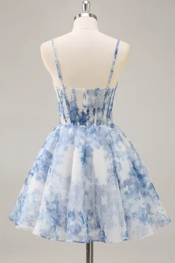 Flor Azul Branca Uma Linha Corset Ruched Homecoming Dress