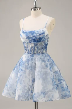 Flor Azul Branca Uma Linha Corset Ruched Homecoming Dress