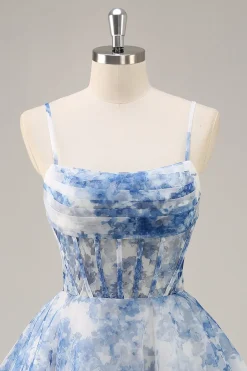 Flor Azul Branca Uma Linha Corset Ruched Homecoming Dress