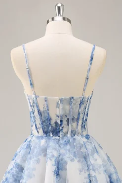 Flor Azul Branca Uma Linha Corset Ruched Homecoming Dress