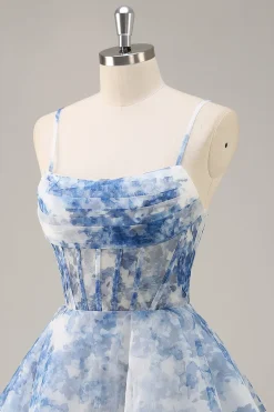 Flor Azul Branca Uma Linha Corset Ruched Homecoming Dress
