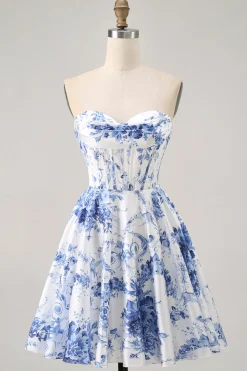 Flor Azul Branca Uma Linha Espartilho Sem Alças Vestido Curto Homecoming