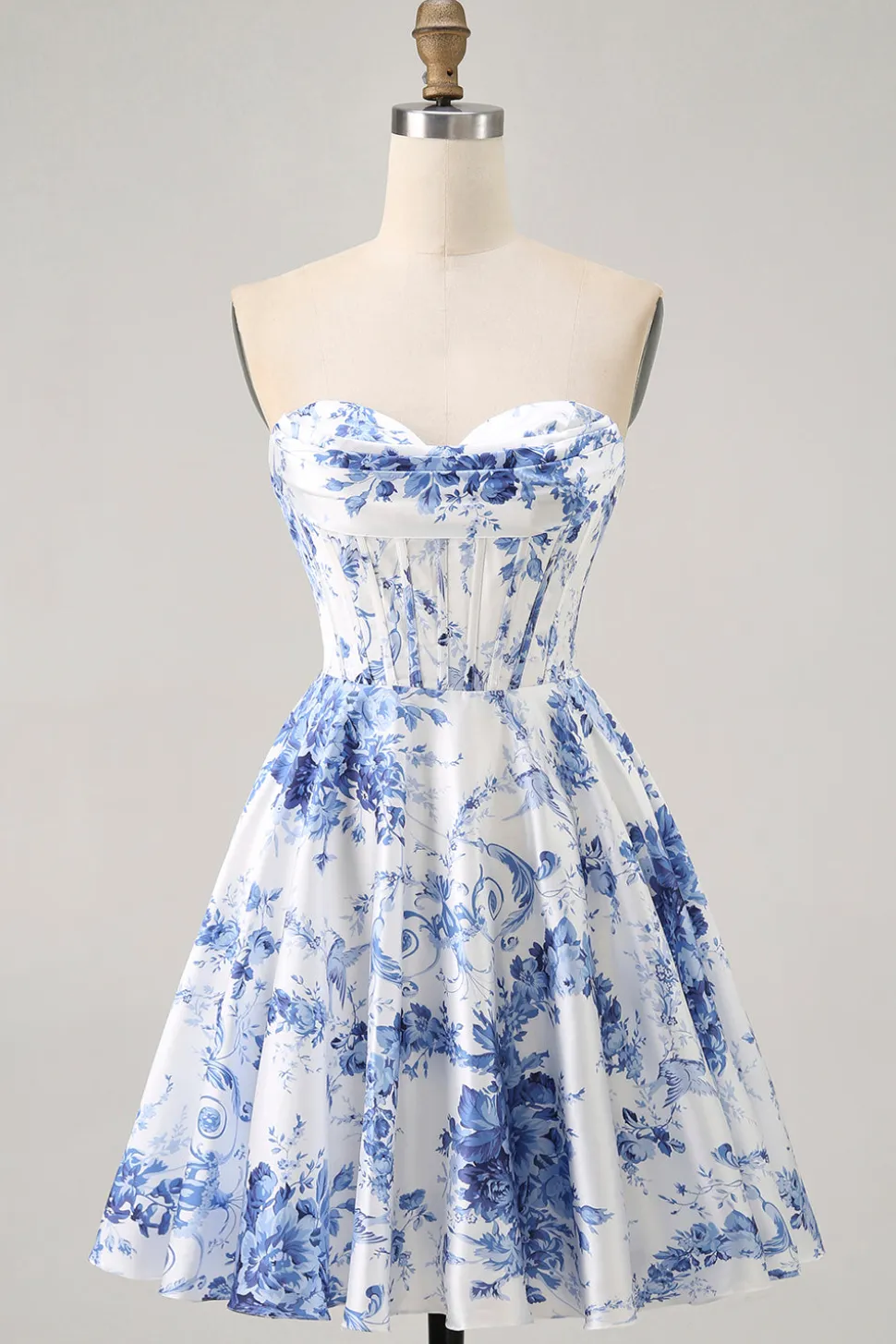 Flor Azul Branca Uma Linha Espartilho Sem Alças Vestido Curto Homecoming