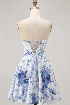 Flor Azul Branca Uma Linha Espartilho Sem Alças Vestido Curto Homecoming