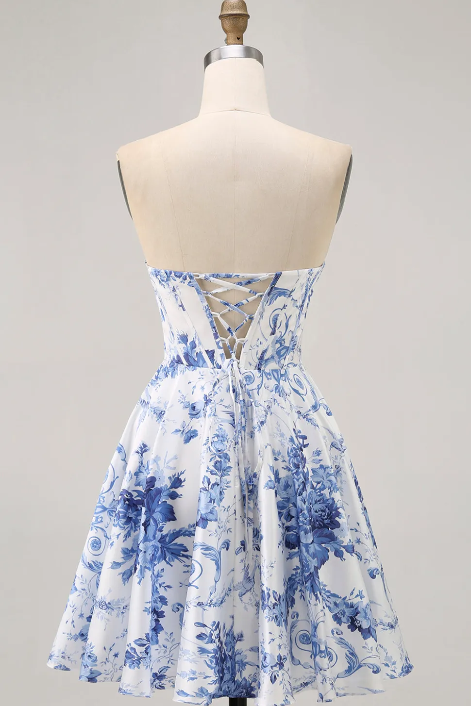 Flor Azul Branca Uma Linha Espartilho Sem Alças Vestido Curto Homecoming