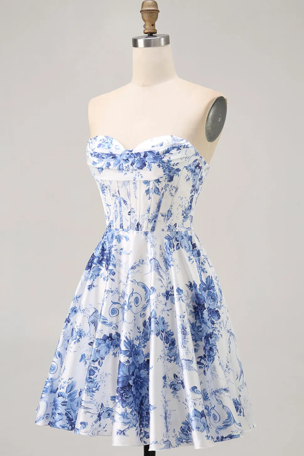 Flor Azul Branca Uma Linha Espartilho Sem Alças Vestido Curto Homecoming