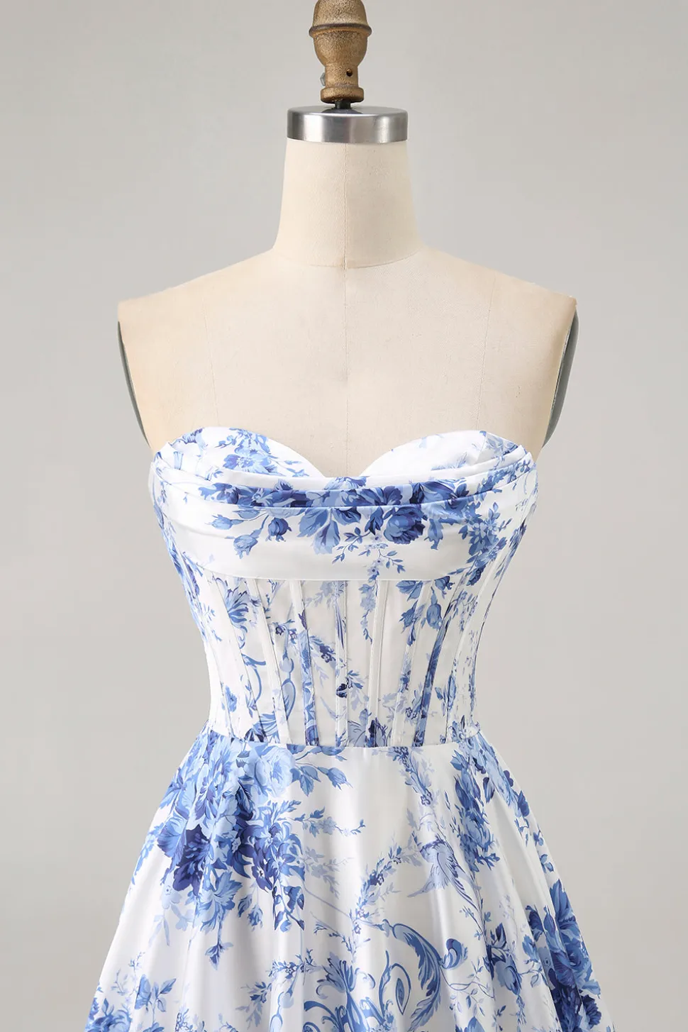 Flor Azul Branca Uma Linha Espartilho Sem Alças Vestido Curto Homecoming