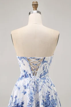 Flor Azul Branca Uma Linha Espartilho Sem Alças Vestido Curto Homecoming