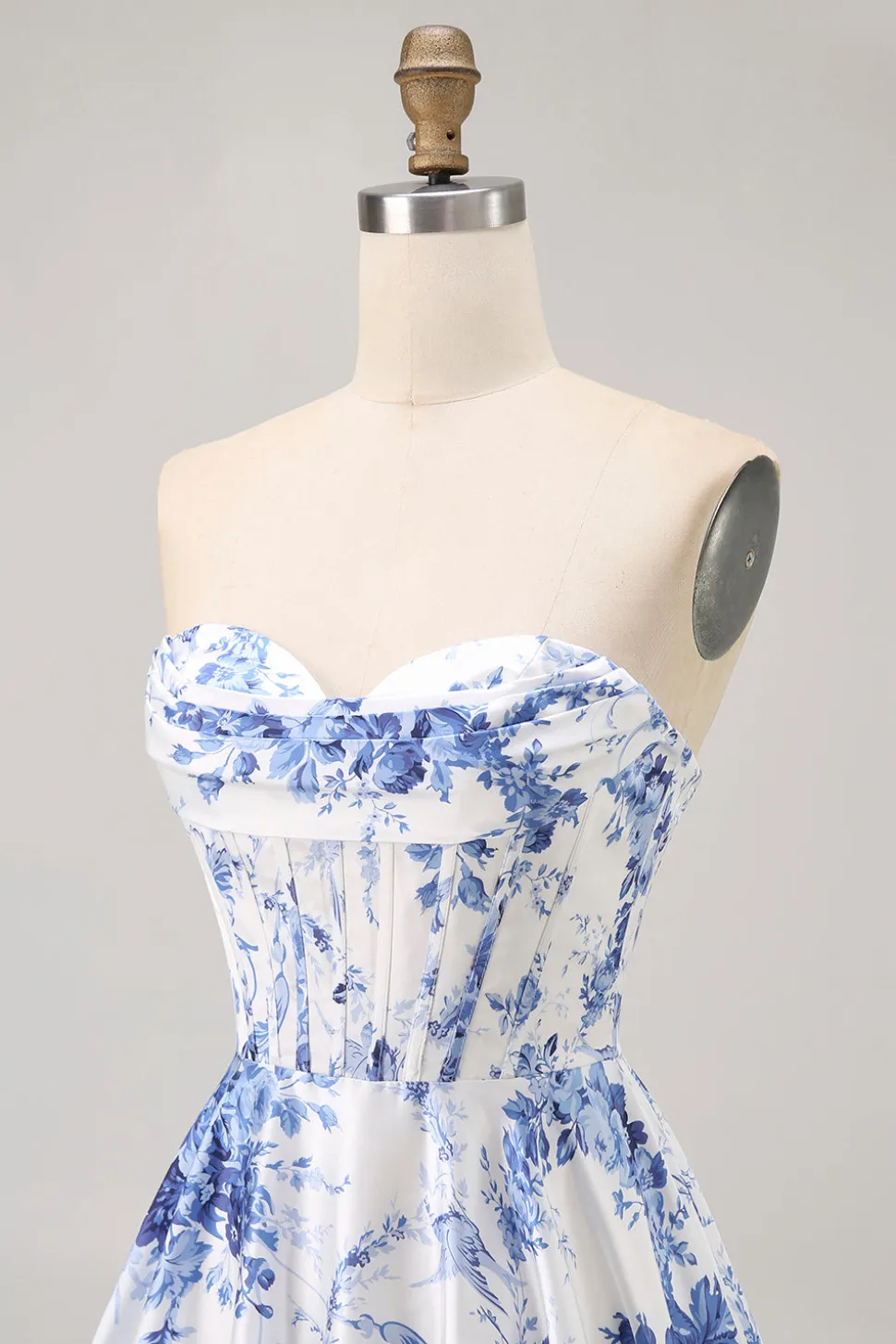 Flor Azul Branca Uma Linha Espartilho Sem Alças Vestido Curto Homecoming