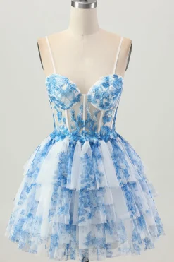 Flor Azul Branca Uma Linha Corset Tiered Vestido Curto Homecoming