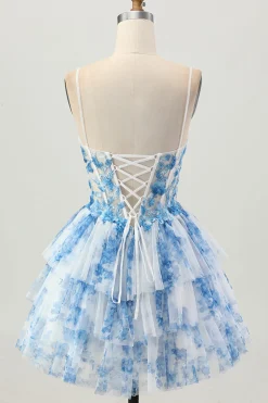 Flor Azul Branca Uma Linha Corset Tiered Vestido Curto Homecoming