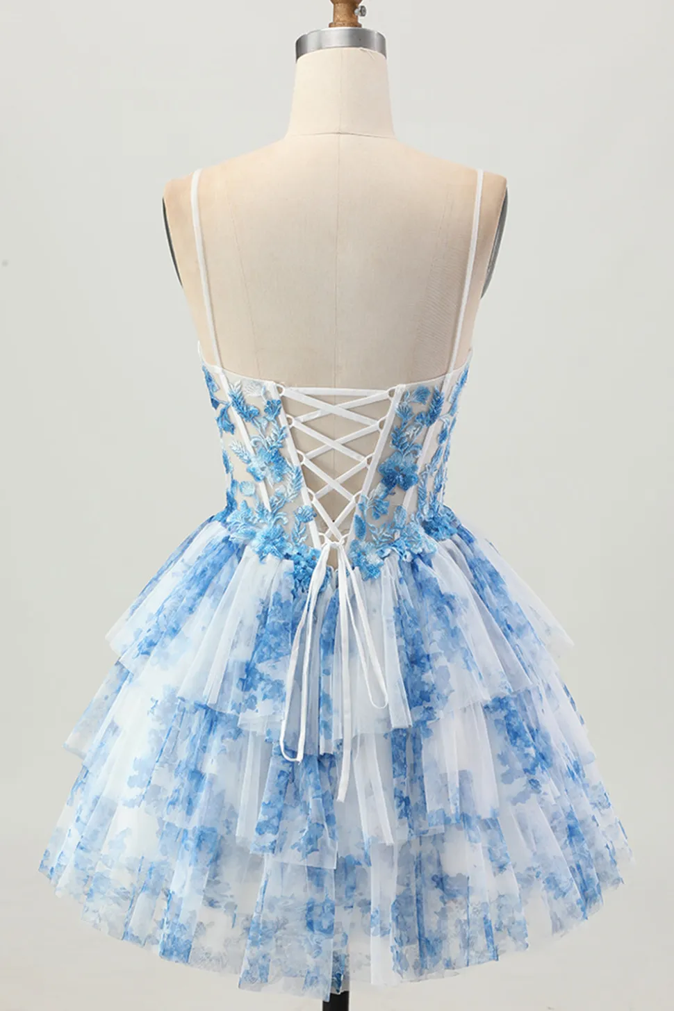 Flor Azul Branca Uma Linha Corset Tiered Vestido Curto Homecoming