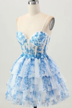 Flor Azul Branca Uma Linha Corset Tiered Vestido Curto Homecoming