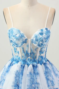 Flor Azul Branca Uma Linha Corset Tiered Vestido Curto Homecoming