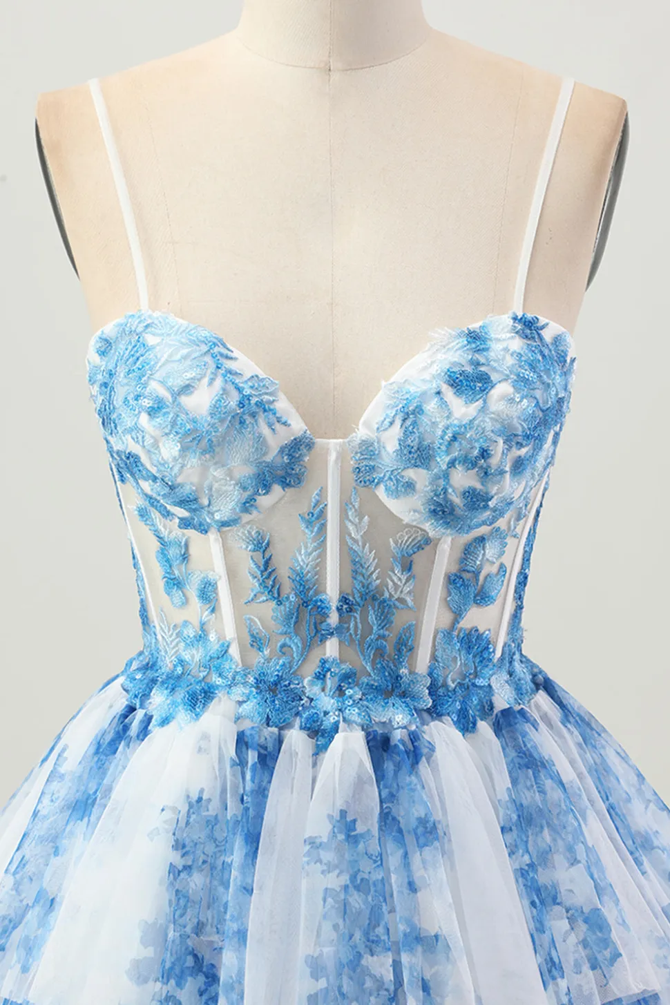 Flor Azul Branca Uma Linha Corset Tiered Vestido Curto Homecoming