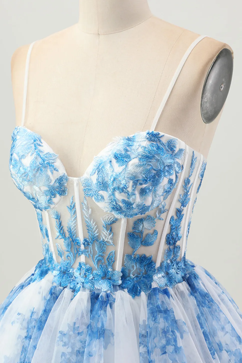Flor Azul Branca Uma Linha Corset Tiered Vestido Curto Homecoming