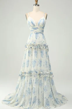Flor Azul Branca Uma Linha Esparguete Correias Longo Tule Vestido Madrinha com Folhos