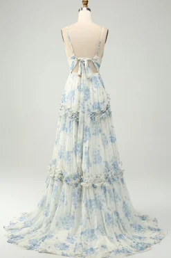 Flor Azul Branca Uma Linha Esparguete Correias Longo Tule Vestido Madrinha com Folhos