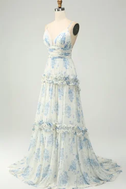Flor Azul Branca Uma Linha Esparguete Correias Longo Tule Vestido Madrinha com Folhos