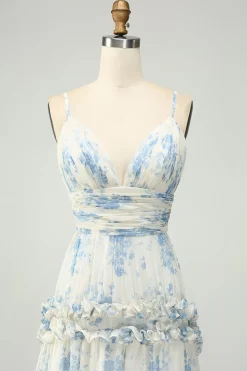 Flor Azul Branca Uma Linha Esparguete Correias Longo Tule Vestido Madrinha com Folhos