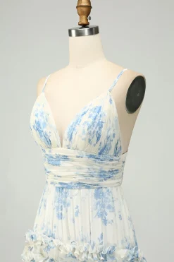 Flor Azul Branca Uma Linha Esparguete Correias Longo Tule Vestido Madrinha com Folhos
