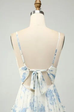 Flor Azul Branca Uma Linha Esparguete Correias Longo Tule Vestido Madrinha com Folhos