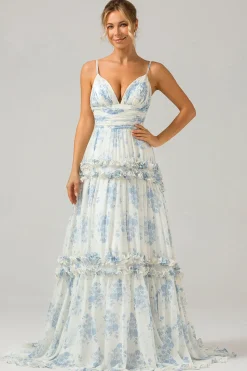 Flor azul branca Uma linha longo tule vestido de dama de honra com babados