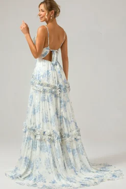Flor azul branca Uma linha longo tule vestido de dama de honra com babados
