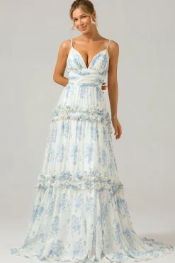 Flor azul branca Uma linha longo tule vestido de dama de honra com babados