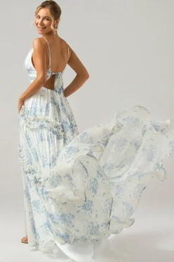Flor azul branca Uma linha longo tule vestido de dama de honra com babados