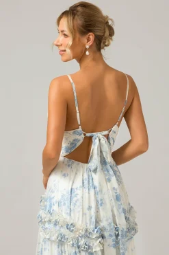 Flor azul branca Uma linha longo tule vestido de dama de honra com babados