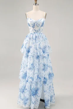 Flor azul branca Uma linha impressa vestido de dama de honra em camadas com fenda
