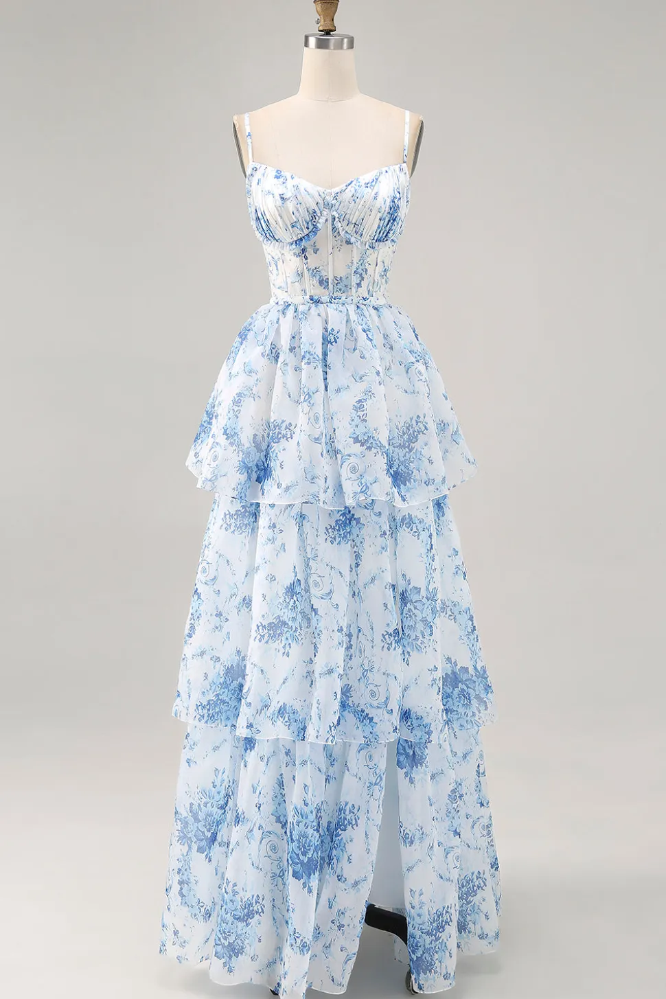 Flor azul branca Uma linha impressa vestido de dama de honra em camadas com fenda