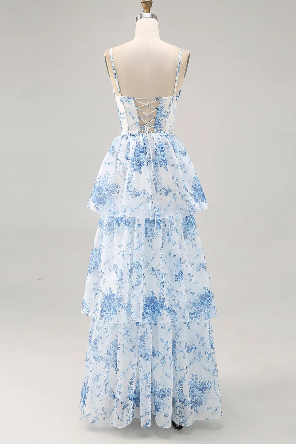 Flor azul branca Uma linha impressa vestido de dama de honra em camadas com fenda