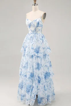 Flor azul branca Uma linha impressa vestido de dama de honra em camadas com fenda